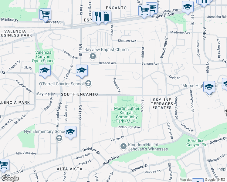 map of restaurants, bars, coffee shops, grocery stores, and more near 6316 Skyline Drive in San Diego
