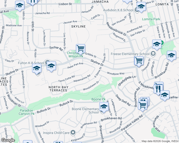 map of restaurants, bars, coffee shops, grocery stores, and more near 7235 Terra Cotta Road in San Diego