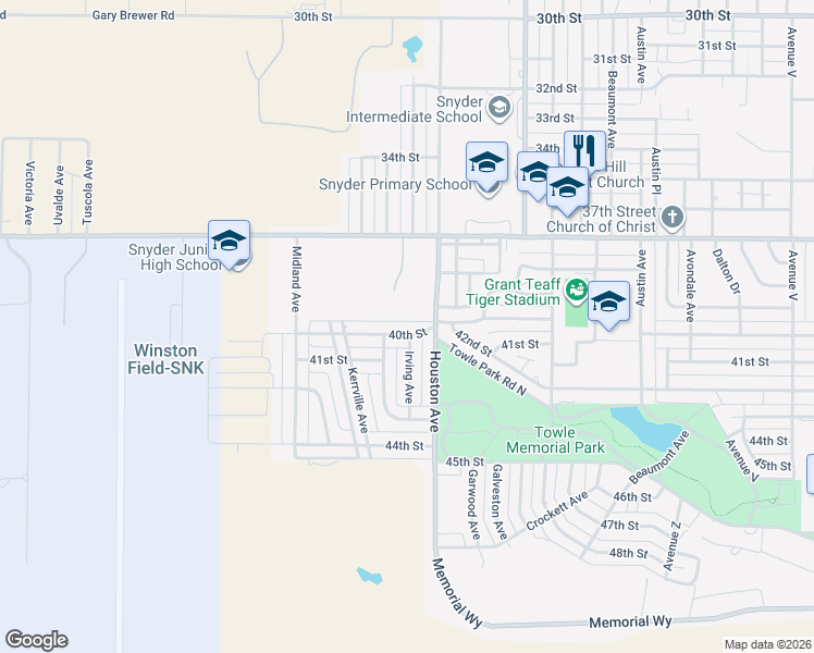 map of restaurants, bars, coffee shops, grocery stores, and more near 3500-3598 40th Street in Snyder