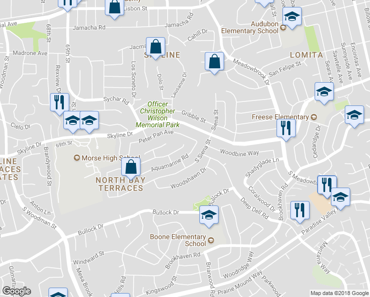 map of restaurants, bars, coffee shops, grocery stores, and more near 7235 Terra Cotta Road in San Diego