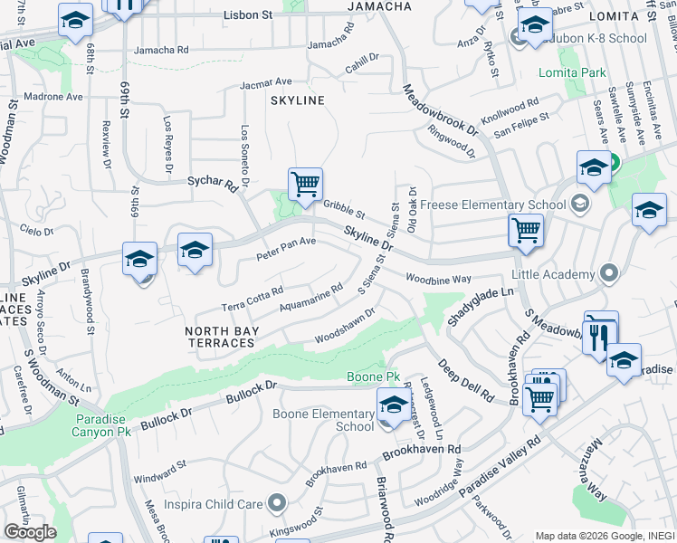 map of restaurants, bars, coffee shops, grocery stores, and more near 7235 Terra Cotta Road in San Diego