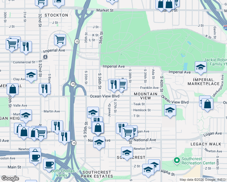 map of restaurants, bars, coffee shops, grocery stores, and more near 446 Olivewood Terrace in San Diego