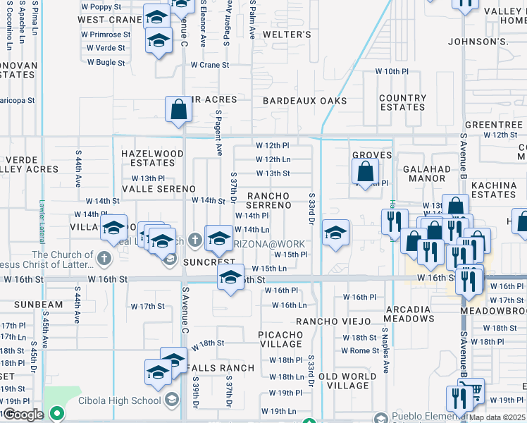 map of restaurants, bars, coffee shops, grocery stores, and more near 3582 West 14th Place in Yuma