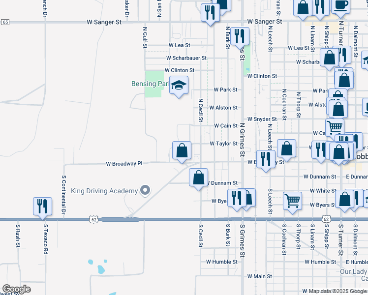 map of restaurants, bars, coffee shops, grocery stores, and more near 1222 West Broadway Place in Hobbs
