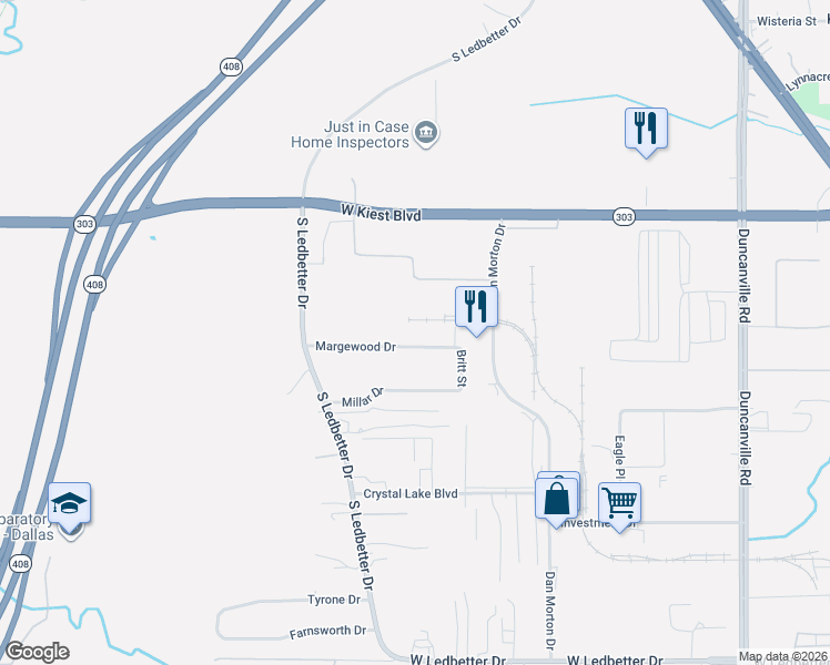 map of restaurants, bars, coffee shops, grocery stores, and more near 5703 Margewood Drive in Dallas