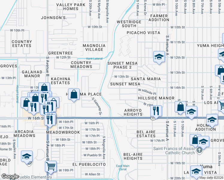 map of restaurants, bars, coffee shops, grocery stores, and more near 1576 West Las Lomas Street in Yuma