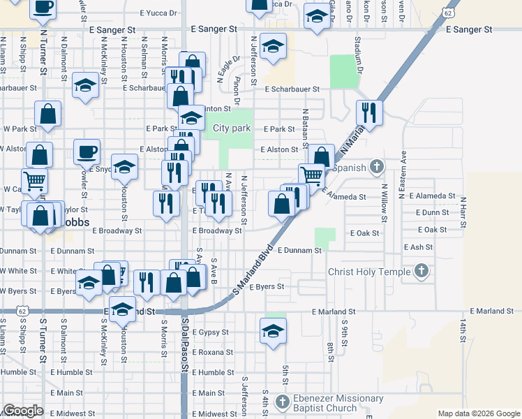 map of restaurants, bars, coffee shops, grocery stores, and more near 108 North Jefferson Street in Hobbs