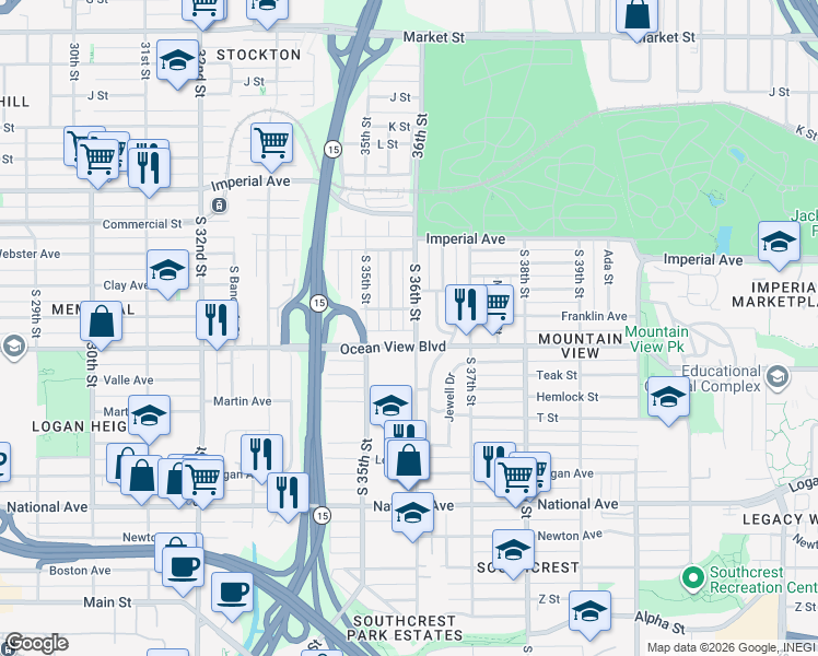 map of restaurants, bars, coffee shops, grocery stores, and more near 3584 Ocean View Boulevard in San Diego