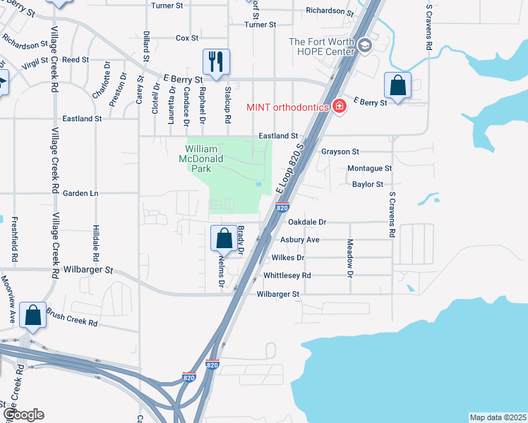 map of restaurants, bars, coffee shops, grocery stores, and more near 4100 East Loop 820 South in Fort Worth