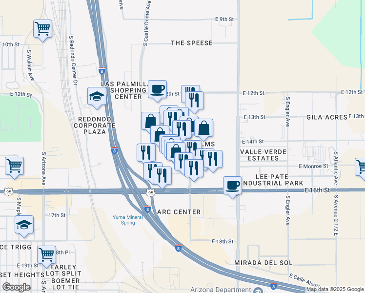 map of restaurants, bars, coffee shops, grocery stores, and more near 1330 Yuma Palms Parkway in Yuma