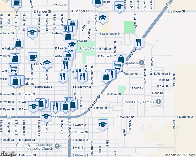 map of restaurants, bars, coffee shops, grocery stores, and more near 108 North Jefferson Street in Hobbs