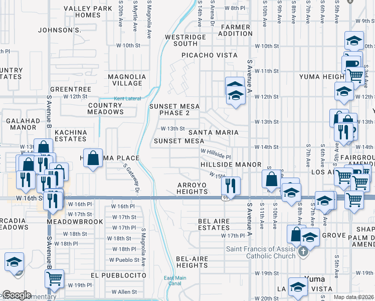 map of restaurants, bars, coffee shops, grocery stores, and more near 1466 West Las Lomas Street in Yuma
