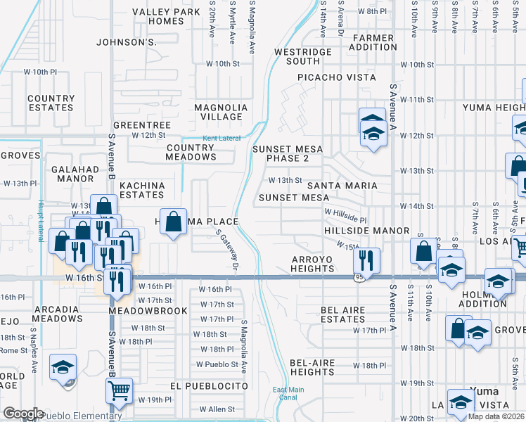 map of restaurants, bars, coffee shops, grocery stores, and more near 1576 West Las Lomas Street in Yuma