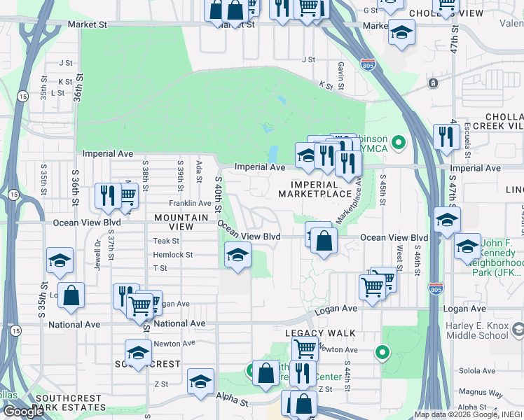 map of restaurants, bars, coffee shops, grocery stores, and more near 4172 Franklin Avenue in San Diego