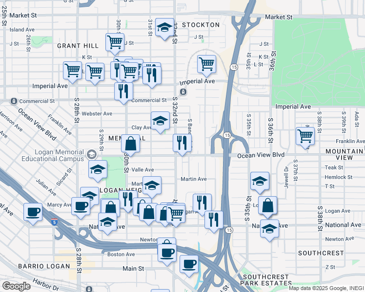 map of restaurants, bars, coffee shops, grocery stores, and more near 3236 Ocean View Boulevard in San Diego