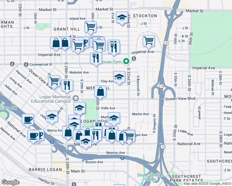 map of restaurants, bars, coffee shops, grocery stores, and more near 3080 Ocean View Boulevard in San Diego