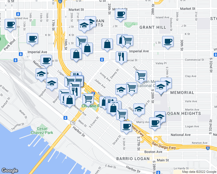 map of restaurants, bars, coffee shops, grocery stores, and more near 2009 Julian Avenue in San Diego