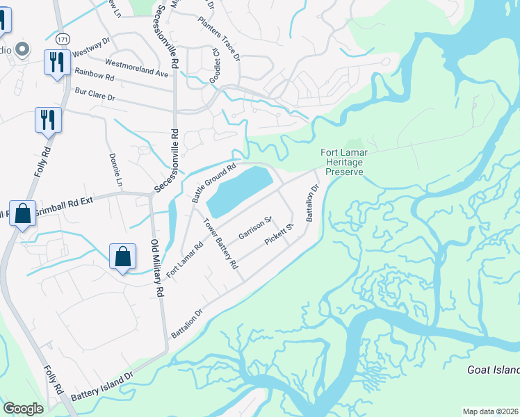 map of restaurants, bars, coffee shops, grocery stores, and more near 1300 Garrison Street in Charleston