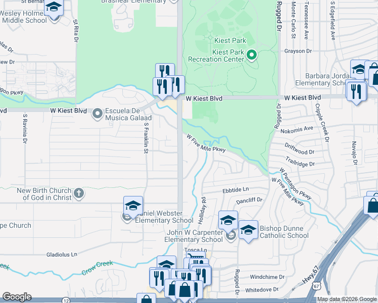 map of restaurants, bars, coffee shops, grocery stores, and more near 3430 South Hampton Road in Dallas