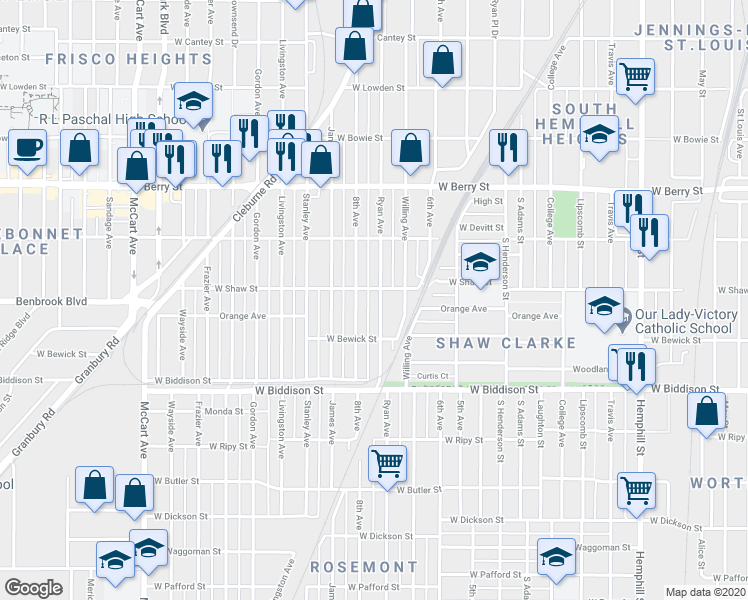 map of restaurants, bars, coffee shops, grocery stores, and more near 3321 Ryan Avenue in Fort Worth