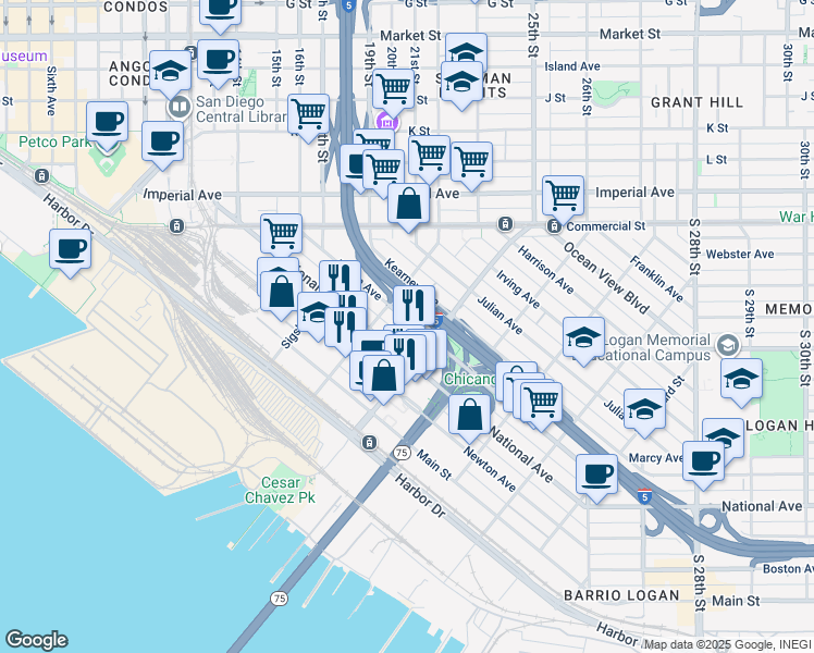 map of restaurants, bars, coffee shops, grocery stores, and more near 1851 Logan Avenue in San Diego