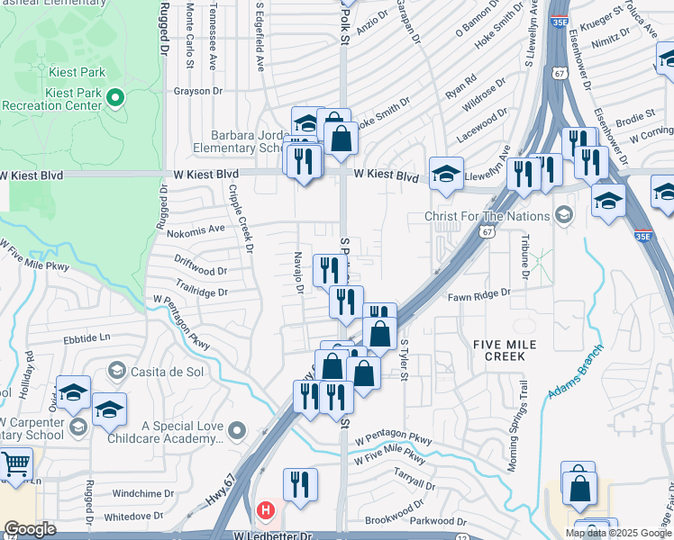 map of restaurants, bars, coffee shops, grocery stores, and more near 3425 South Polk Street in Dallas