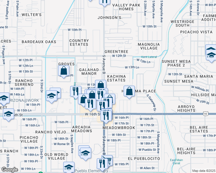 map of restaurants, bars, coffee shops, grocery stores, and more near 1401 South Avenue B in Yuma