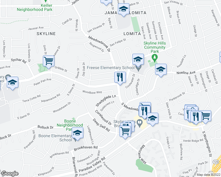 map of restaurants, bars, coffee shops, grocery stores, and more near 7775 Woodbine Way in San Diego
