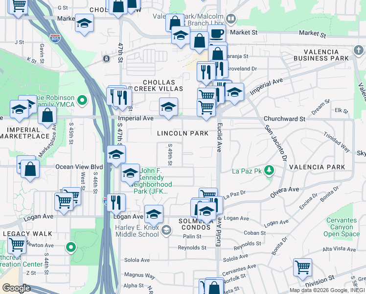 map of restaurants, bars, coffee shops, grocery stores, and more near 314 South Willie James Jones Avenue in San Diego