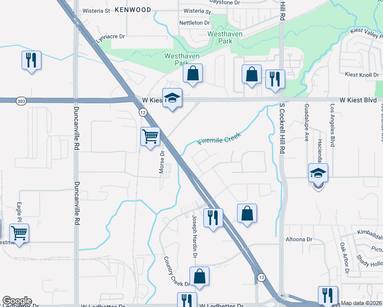 map of restaurants, bars, coffee shops, grocery stores, and more near 3500 South Walton Walker Boulevard in Dallas