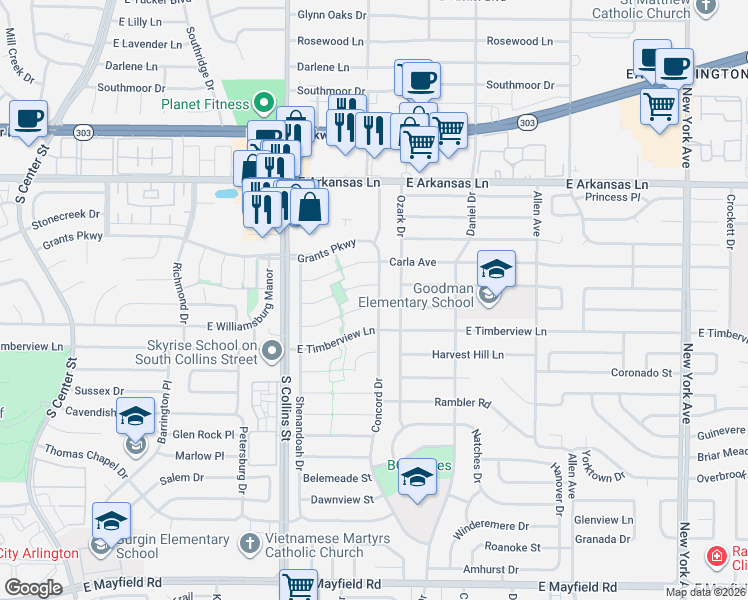 map of restaurants, bars, coffee shops, grocery stores, and more near 2609 Concord Drive in Arlington