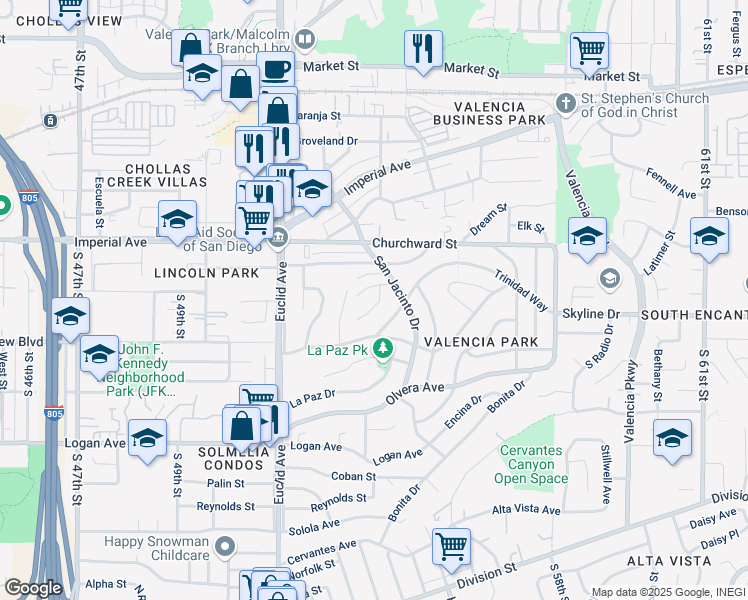 map of restaurants, bars, coffee shops, grocery stores, and more near 5269 Velma Terrace in San Diego