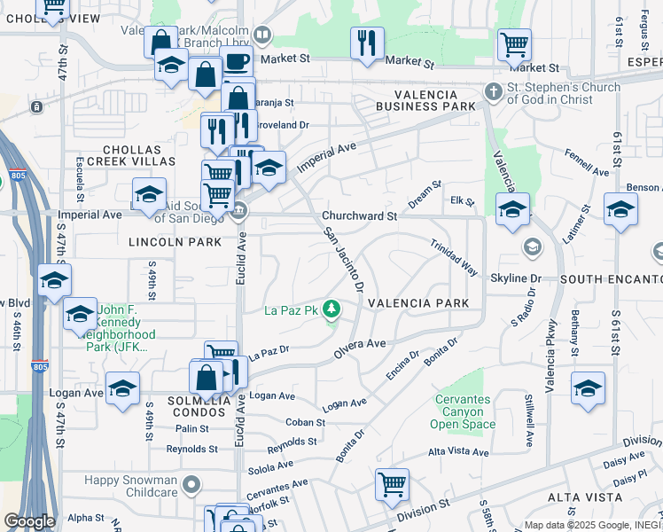 map of restaurants, bars, coffee shops, grocery stores, and more near 5283 Velma Terrace in San Diego