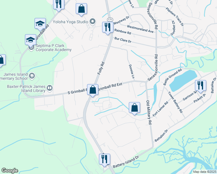 map of restaurants, bars, coffee shops, grocery stores, and more near 1592 Grimball Road Extension in Charleston