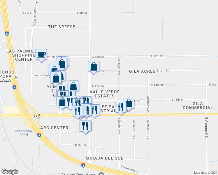 map of restaurants, bars, coffee shops, grocery stores, and more near 2101-2299 East 14th Place in Yuma