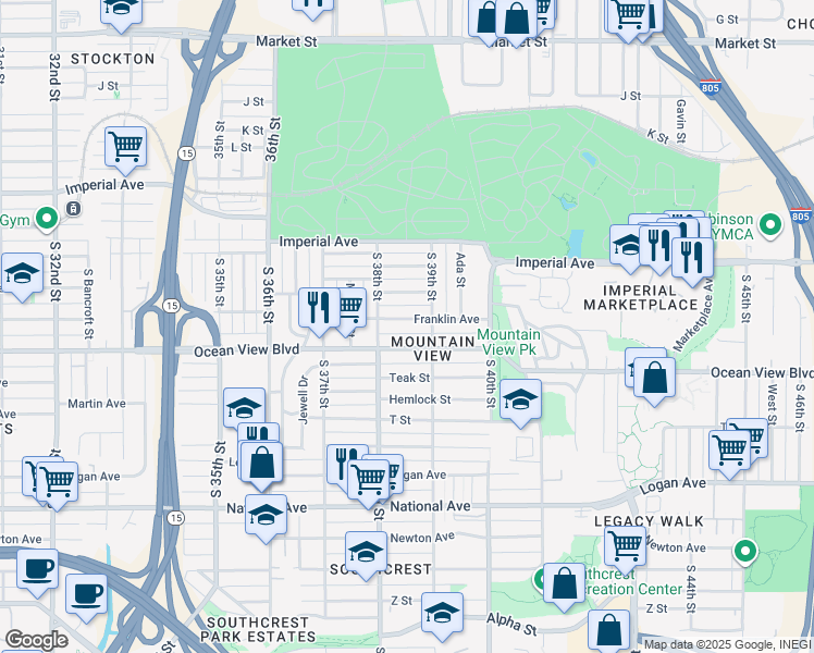 map of restaurants, bars, coffee shops, grocery stores, and more near 3874 Ocean View Boulevard in San Diego