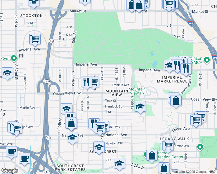 map of restaurants, bars, coffee shops, grocery stores, and more near 3874 Ocean View Boulevard in San Diego