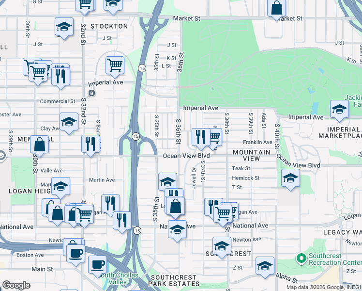 map of restaurants, bars, coffee shops, grocery stores, and more near 3584 Ocean View Boulevard in San Diego