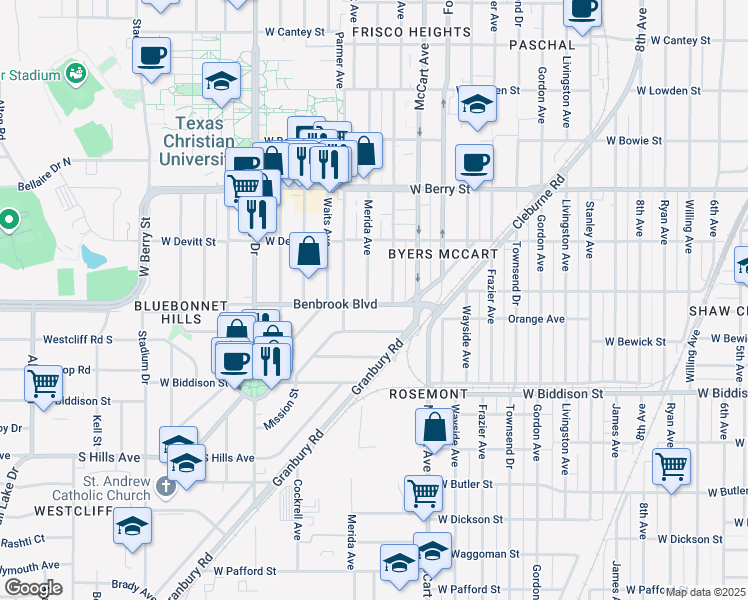 map of restaurants, bars, coffee shops, grocery stores, and more near 2709 Benbrook Boulevard in Fort Worth