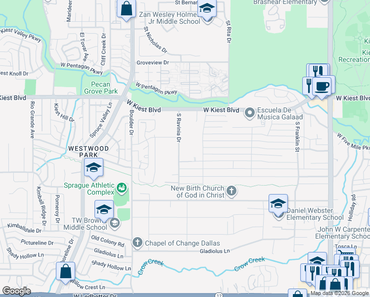 map of restaurants, bars, coffee shops, grocery stores, and more near 3422 South Ravinia Drive in Dallas