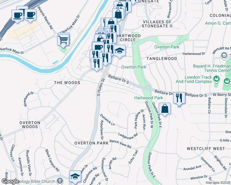 map of restaurants, bars, coffee shops, grocery stores, and more near 4429 Overton Terrace Court in Fort Worth