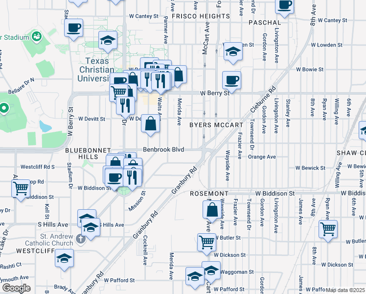 map of restaurants, bars, coffee shops, grocery stores, and more near 2709 Benbrook Boulevard in Fort Worth
