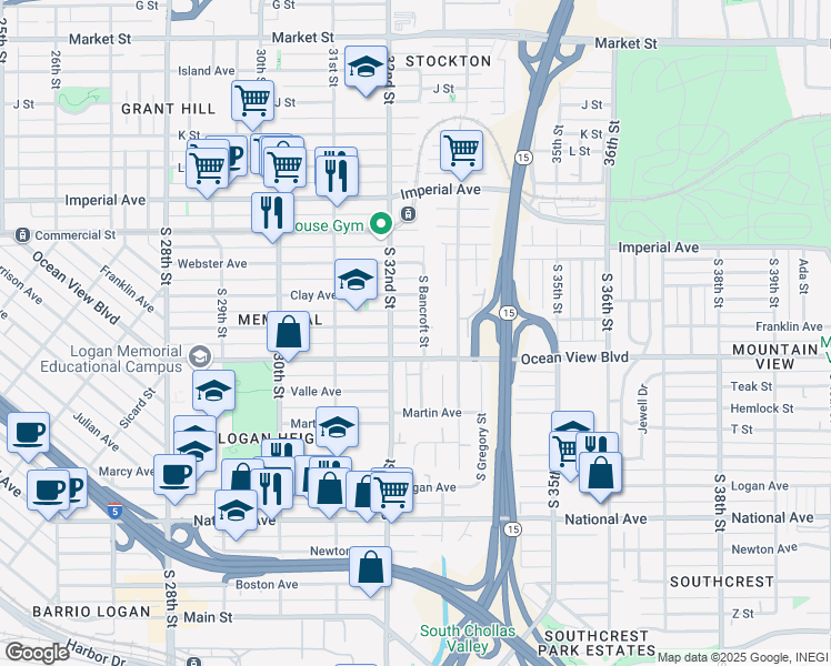 map of restaurants, bars, coffee shops, grocery stores, and more near 3236 Ocean View Boulevard in San Diego