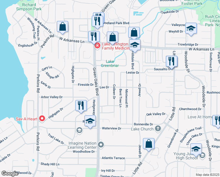 map of restaurants, bars, coffee shops, grocery stores, and more near 2606 Colleen Drive in Arlington