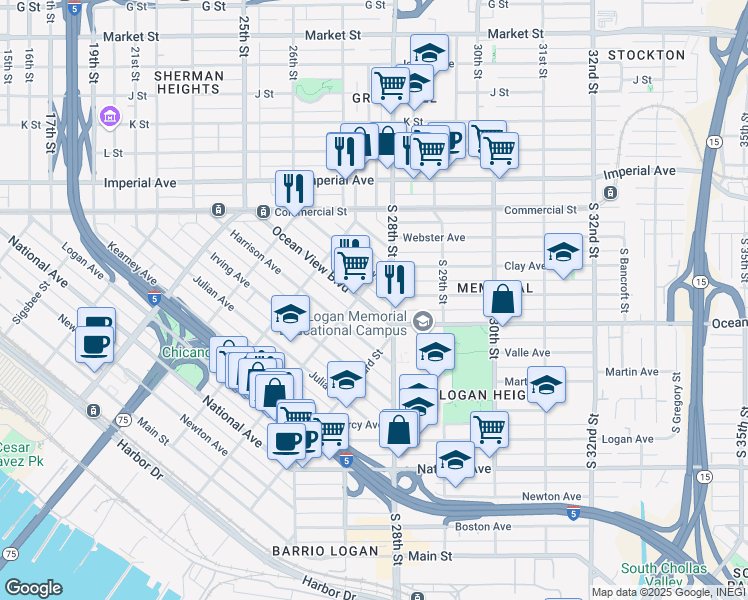 map of restaurants, bars, coffee shops, grocery stores, and more near 2220-2 Ocean View Boulevard in San Diego