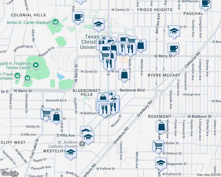 map of restaurants, bars, coffee shops, grocery stores, and more near 3259 South University Drive in Fort Worth