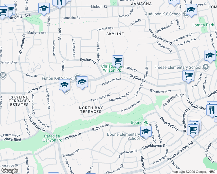 map of restaurants, bars, coffee shops, grocery stores, and more near 90 Danawoods Lane in San Diego