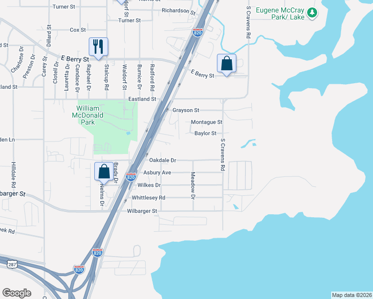 map of restaurants, bars, coffee shops, grocery stores, and more near 5811 Oakdale Drive in Fort Worth