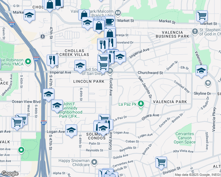 map of restaurants, bars, coffee shops, grocery stores, and more near 404 Euclid Avenue in National City