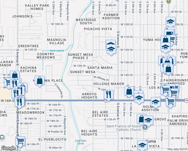 map of restaurants, bars, coffee shops, grocery stores, and more near 1346 West Las Lomas Street in Yuma